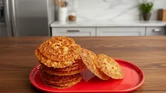 Stapel verse Hollandse stroopwafels op rood dienblad in keuken