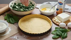 Ingrediënten bereiden voor hartige taart met spinazie, eieren en deeg in keuken