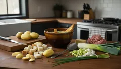 Verse aardappelen, prei en gehakt op een keukenblad, klaar voor bereiding.