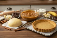 Ingrediënten voor banoffee-taart, inclusief deeg, karamel, banaan en slagroom op aanrecht.