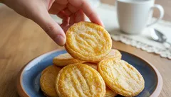 Bord met Hollandse boterkoeken, hand pakt koekje, kop koffie op de achtergrond.