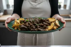 Bord met stoofvlees en frietjes, geserveerd door persoon in keuken, typisch Nederlands gerecht.