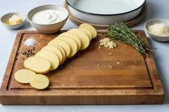 Gesneden aardappelen, kruiden, knoflook en zuivel op een houten snijplank voor ovengerecht.