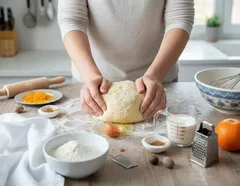 Iemand kneedt deeg op een aanrecht vol bak ingrediënten in een keuken.