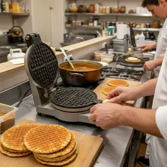 Verse stroopwafels worden gebakken in een professionele keuken met een wafelijzer.