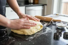 Handen kneden deeg op aanrecht met bakbenodigdheden in keuken, koken thuis.